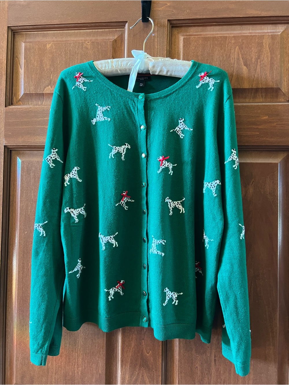 Talbots Cardigan Button Front with Dalmatians and Red Bows Green Size XLP